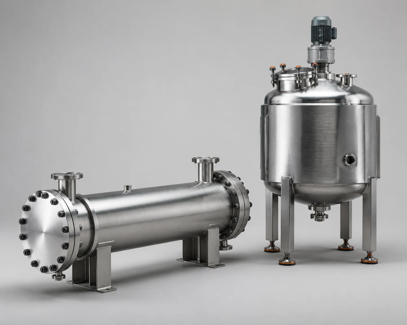 Illustrative stainless heat exchanger and mixing vessel product visual